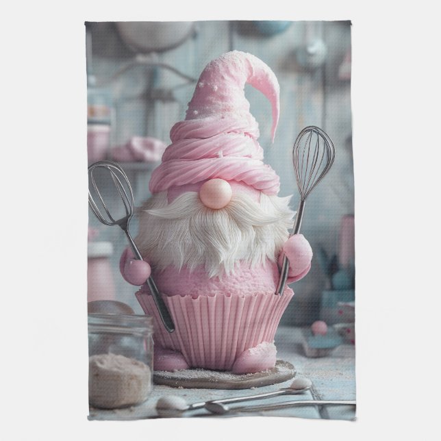  Adorable Pink Baking Gnome Cupcake Tea Towel (Vertical)