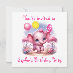 Adorable Pink Birthday Elephant with Balloons Invitation