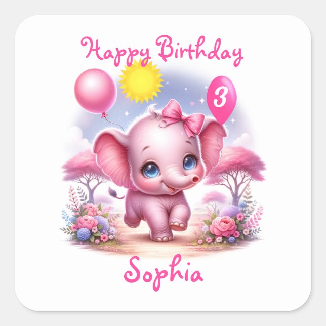 Adorable Pink Birthday Elephant with Balloons Square Sticker (Front)