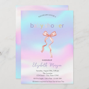 Adorable Pink Bow Holographic Baby Shower Invitation