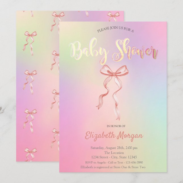Adorable Pink Bow Holographic Baby Shower Invitation (Front/Back)