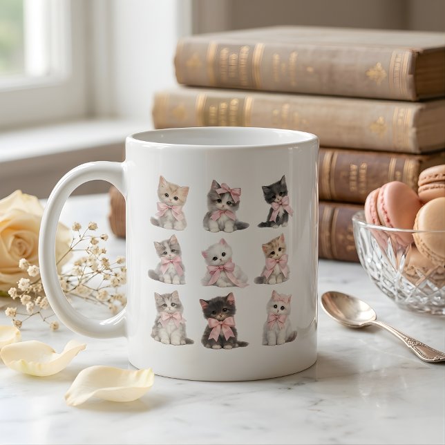 Adorable Pink Bow Kittens Cute Cat Lover's Coffee  Mug (Creator Uploaded)