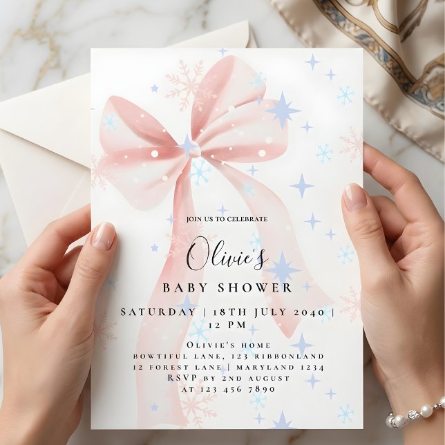 Adorable Pink Bow & Snowflakes Baby Shower  Invitation (Creator Uploaded)