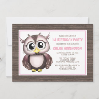 Adorable Pink Brown Owl Birthday Invitations