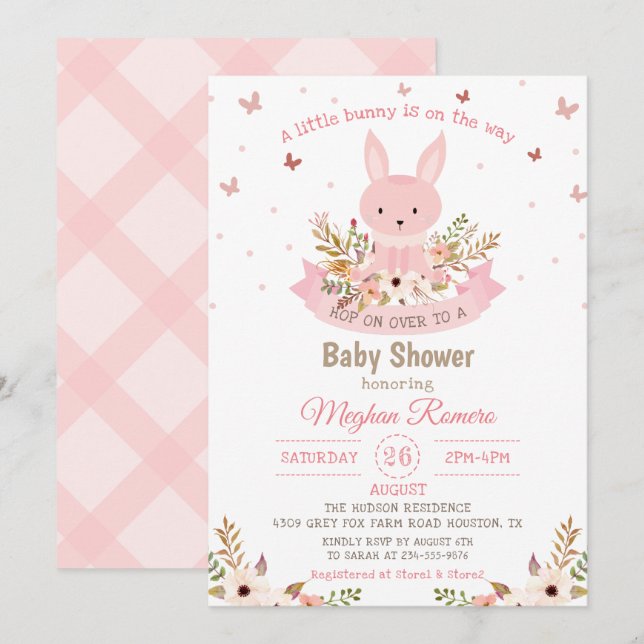 Adorable Pink Bunny with Flowers Baby Shower Invitation (Front/Back)