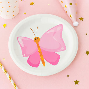 Adorable Pink Cartoon Butterfly  Paper Plate