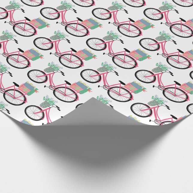 Adorable Pink Christmas Bicycle Holiday Xmas Gift  Wrapping Paper (Corner)