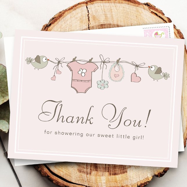 Adorable Pink Clothesline | Baby Shower Thank You Postcard (Creator Uploaded)