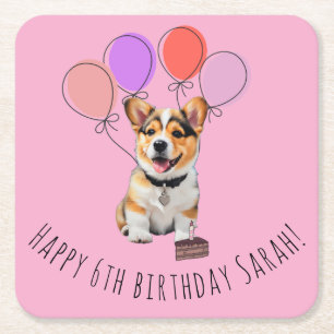 Adorable Pink Corgi Birthday Customisable Square Paper Coaster