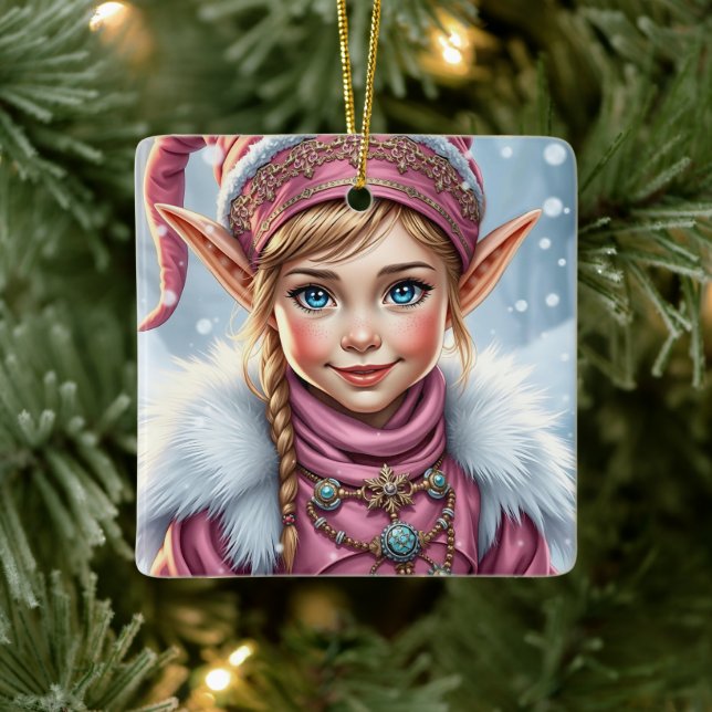 Adorable Pink Elf Festive Christmas  Ceramic Ornament (Tree)