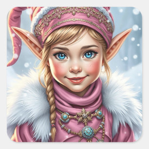 Adorable Pink Elf Festive Christmas Square Sticker
