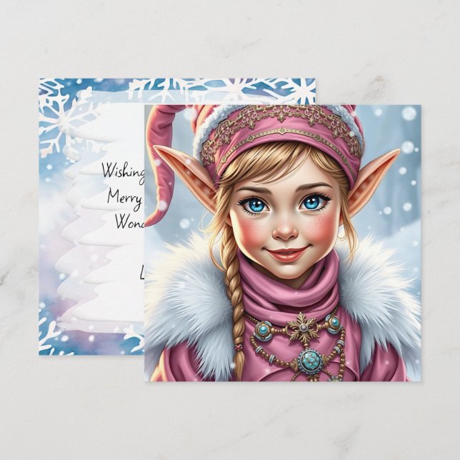 Adorable Pink Elf | Merry Christmas Personalised Holiday Card (Front/Back)