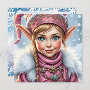 Adorable Pink Elf   Merry Christmas Personalized Holiday Card