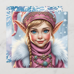 Adorable Pink Elf   Merry Christmas Personalized Holiday Card