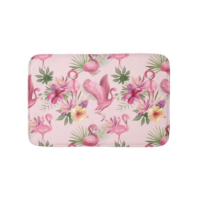 Adorable Pink Flamingo And Exotic Flowers Bath Mat (Front)