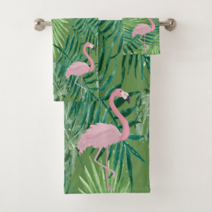 Adorable Pink Flamingo, Palm Leaves Bath Towel Set