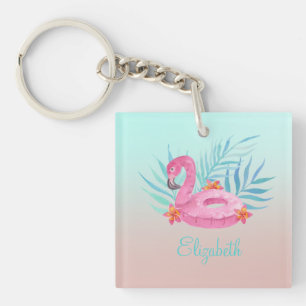 Adorable Pink Flamingo Palm Leaves Key Ring