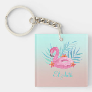 Adorable Pink Flamingo Palm Leaves  Key Ring