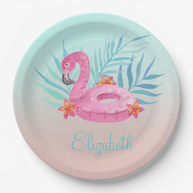 Adorable Pink Flamingo Palm Leaves   Paper Plate (Front)