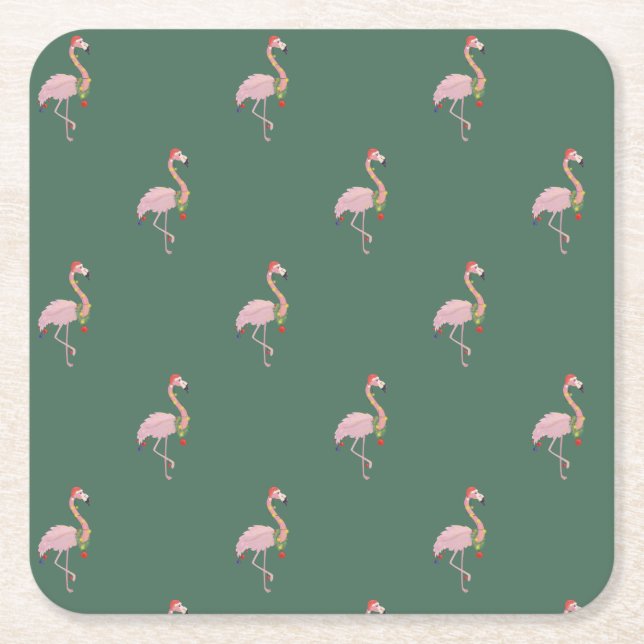 Adorable Pink Flamingo With Santa Hat,Green   Square Paper Coaster (Front)