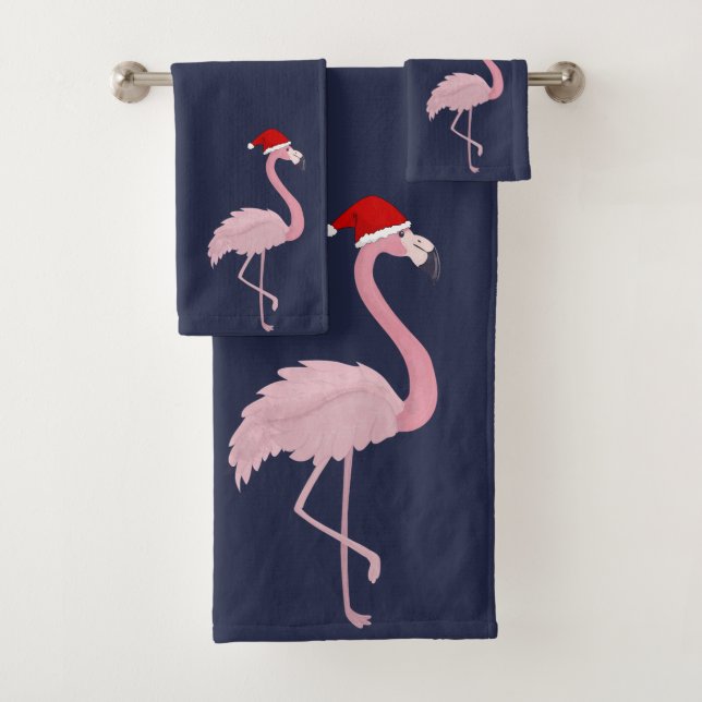 Adorable Pink Flamingo With Santa Hat , Snowflakes Bath Towel Set (Insitu)