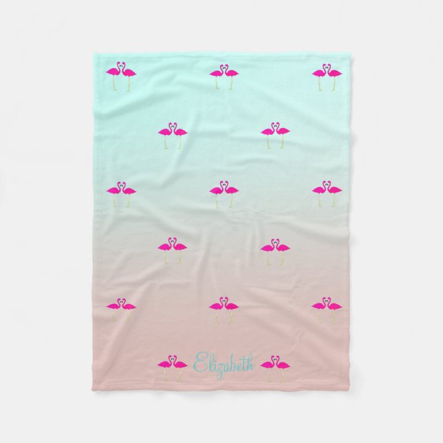 Adorable Pink Flamingos In Love-Personalised Fleece Blanket (Front)