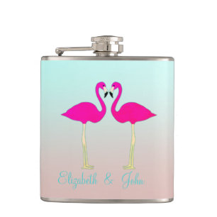 Adorable Pink Flamingos In Love-Personalised Hip Flask