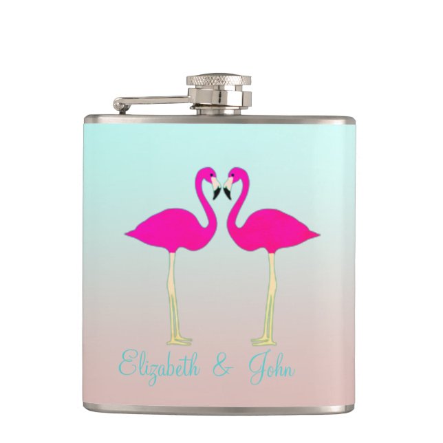 Adorable Pink Flamingos In Love-Personalised Hip Flask (Front)