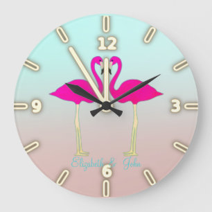Adorable Pink Flamingos In Love-Personalised Large Clock