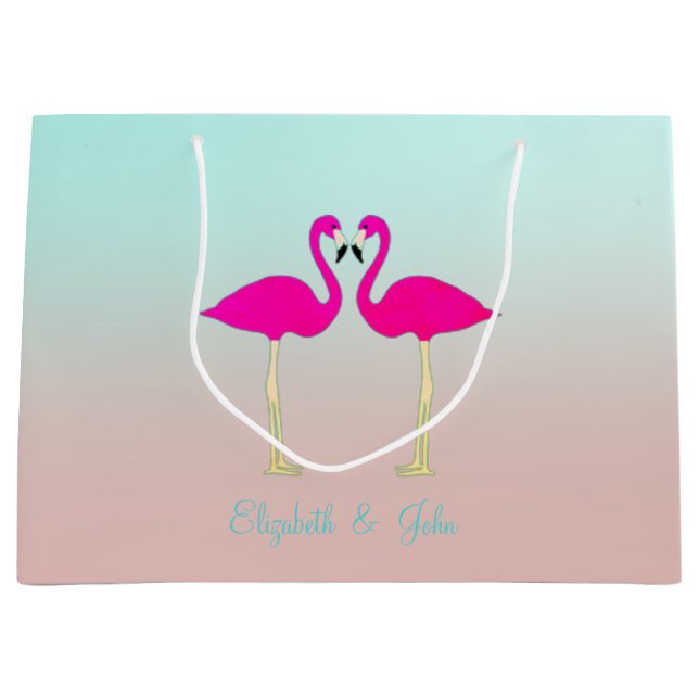 Adorable Pink Flamingos In Love-Personalised Large Gift Bag (Front)