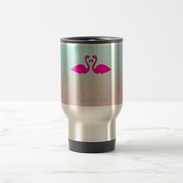 Adorable Pink Flamingos In Love-Personalised Travel Mug (Center)