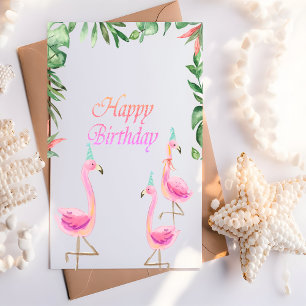 Adorable Pink Flamingos Tropical Leaves Card