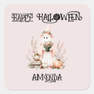 Adorable Pink Floral Kids Halloween Ghost  Square Sticker