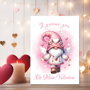 Adorable Pink Gnome Watercolor Valentine Day Holiday Card