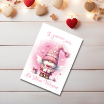 Adorable Pink Gnome With Gift Watercolor Valentine