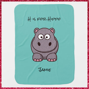 Adorable Pink & Grey Baby Hippo Teal Baby Blanket
