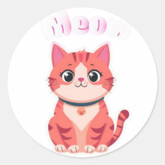 Adorable Pink Kawaii Tabby Cat "Meow" Illustration Classic Round Sticker