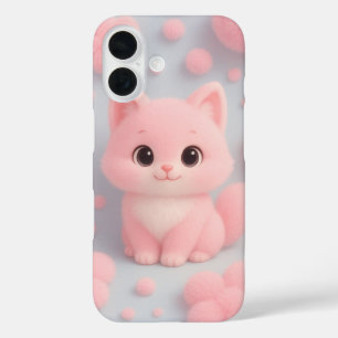 Adorable Pink Kitten with Fluffy Pom-Poms iPhone 16 Case