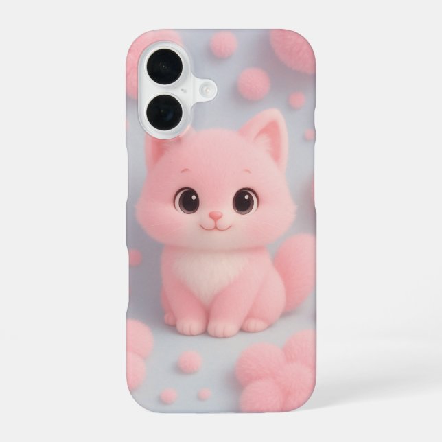 Adorable Pink Kitten with Fluffy Pom-Poms iPhone 16 Case (Back)