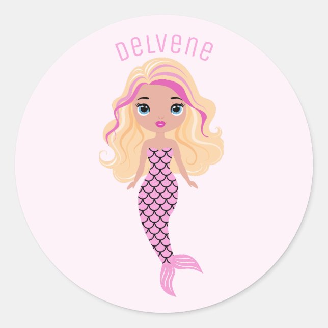 Adorable Pink Mermaid Classic Round Sticker (Front)