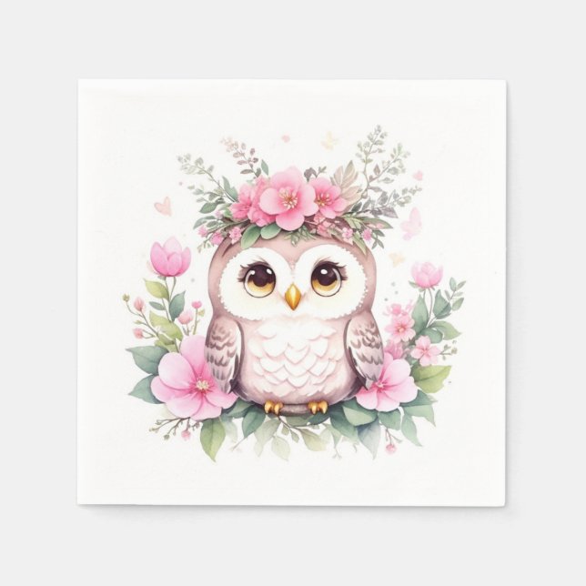 Adorable Pink Owl Girl Baby Shower Napkin (Front)