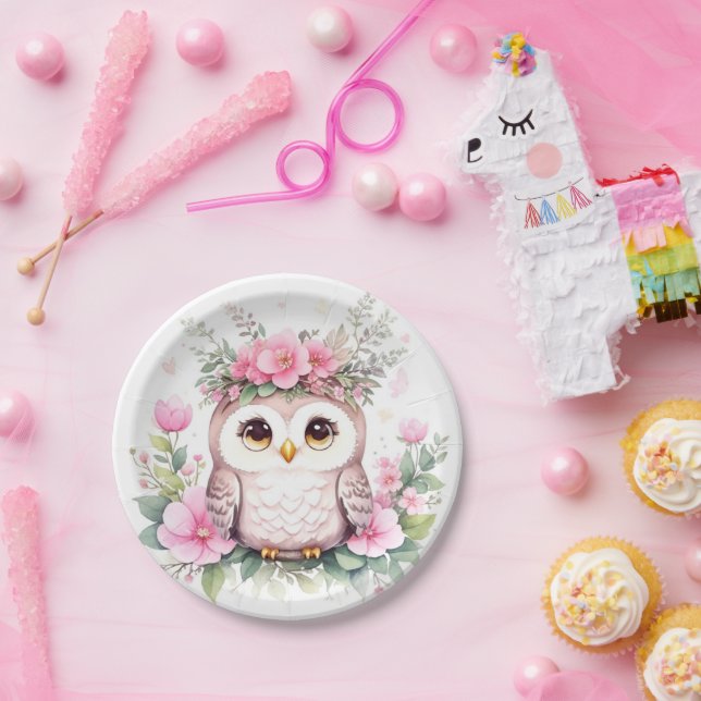 Adorable Pink Owl Girl Baby Shower Paper Plate (Party)