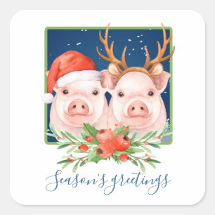 Adorable Pink Pig Couple Christmas Square Sticker