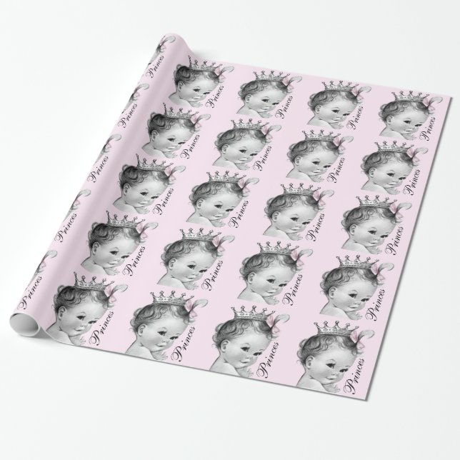 Adorable Pink Princess Baby Shower Wrapping Paper (Unrolled)