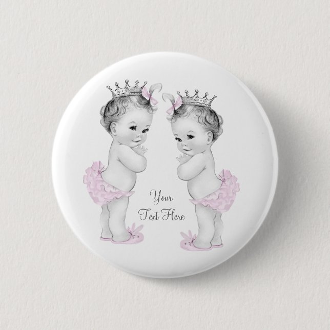 Adorable Pink Princess Twin Baby Girl Button (Front)