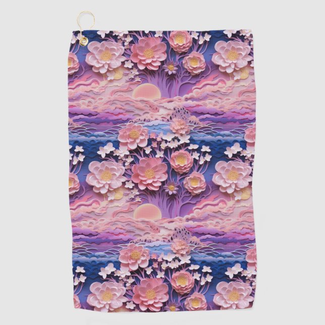 Adorable Pink Purple Pastel Floral Cutout Pattern Golf Towel (Front)