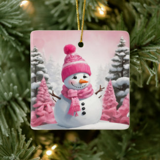 Adorable Pink Theme Xmas Snowman Ceramic Ornament