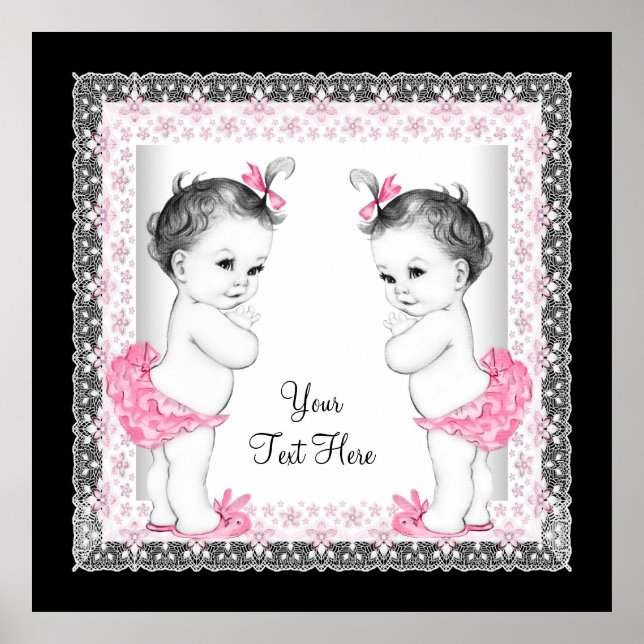 Adorable Pink Twin Baby Girl Baby Shower Poster (Front)