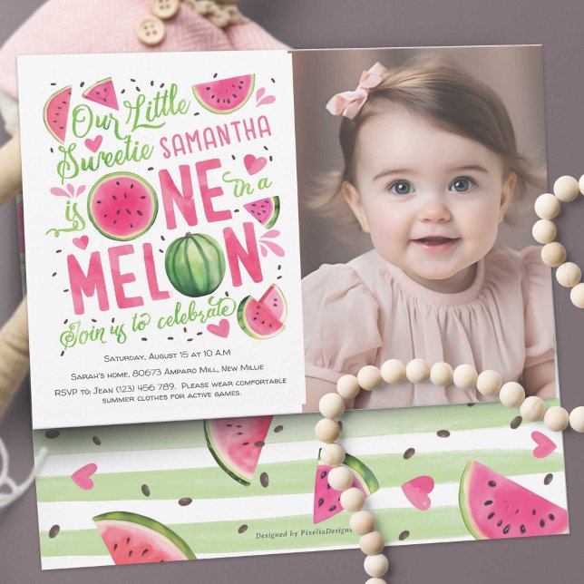 Adorable Pink Watermelon, Cute Summer 1st birthday Invitation (Summer Cute Pink Watercolor One In a Melon, Watercolor Themed Girl 1st Birthday Photo Invitation. )