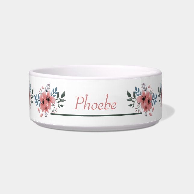 Adorable Pink White Floral Personalised Pet Bowl (Front)